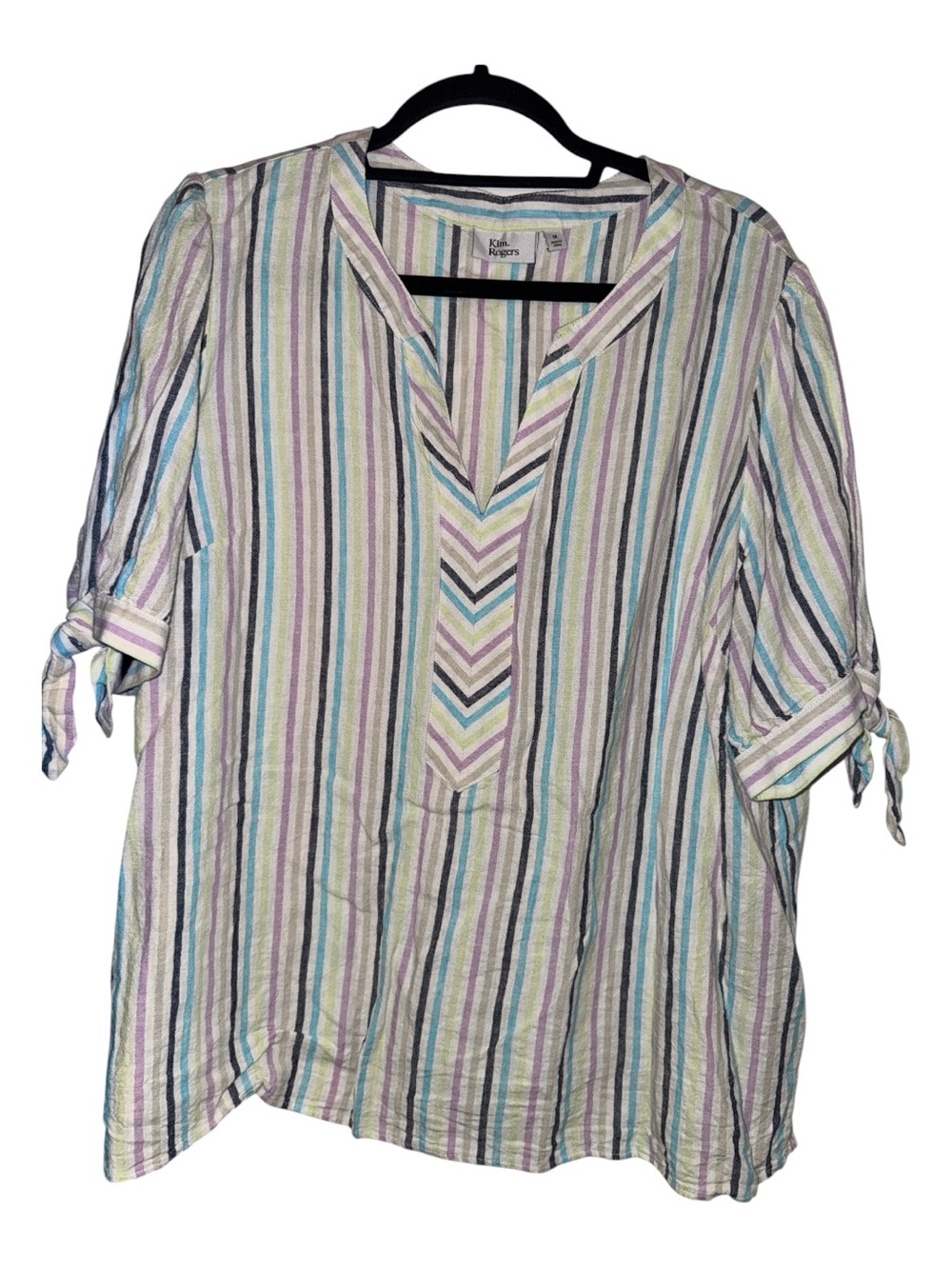 Kim Rogers Multi-Stripe V-Neck Tie-Sleeve Tunic Linen Blend